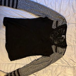 Size Large, sheer black shirt with gray sleeves. Brand is BKE
